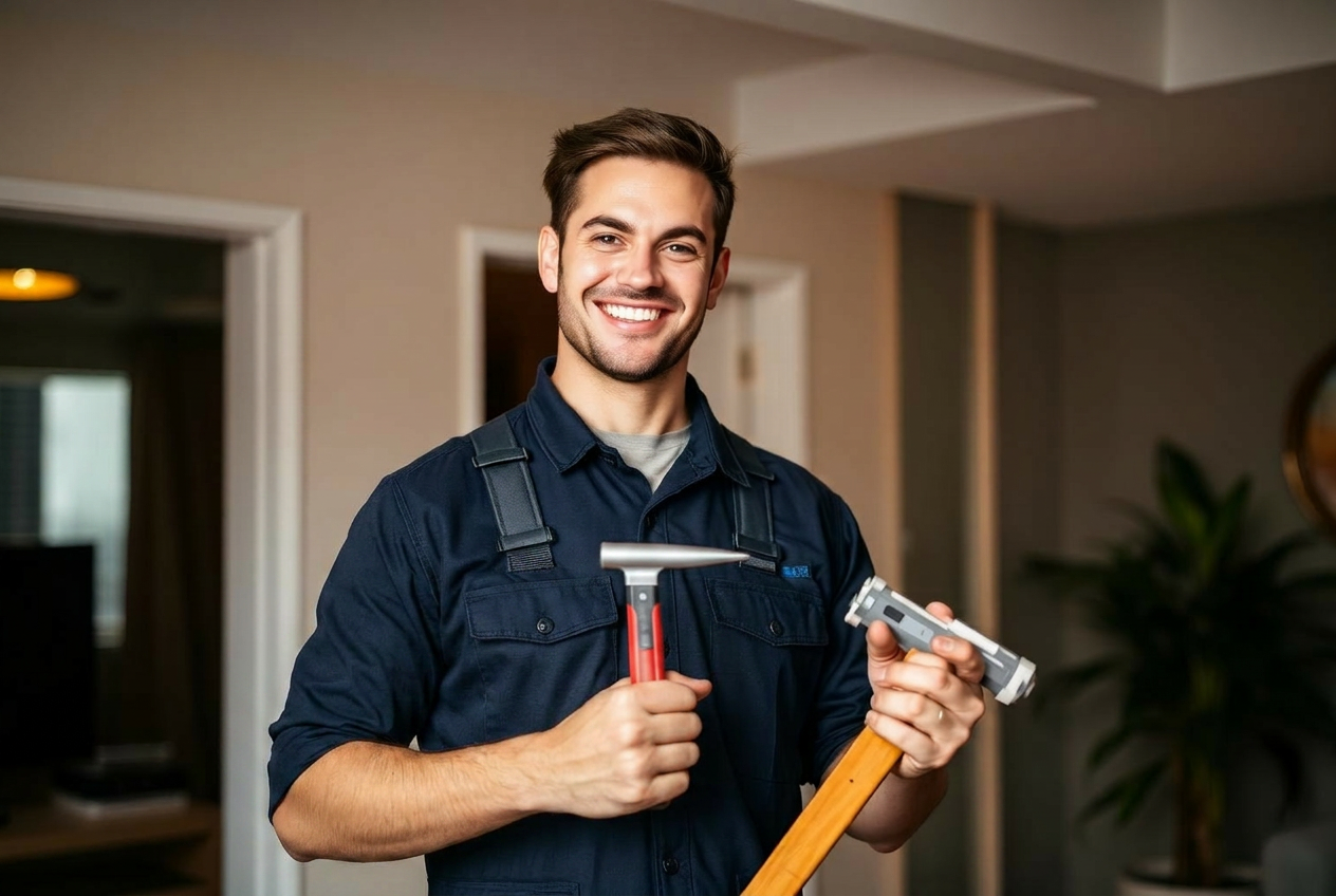 Profissional Léo Prime sorrindo com ferramentas em residência
